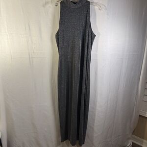 Vintage Datiani Metallic Silver Maxi Dress Sz 12 Sleeveless Mock Neck Gown Party